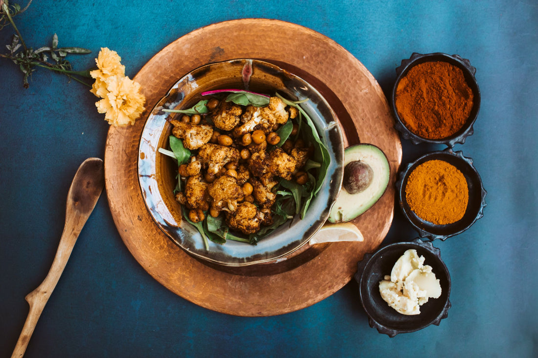 Cauliflower & chickpeas roasted and spiced with Berbere, Ird, Afrenje, Mekelesha, Senafitch, Niter Kibbeh